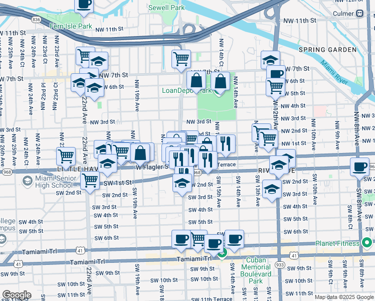 map of restaurants, bars, coffee shops, grocery stores, and more near 1700 Northwest 1st Street in Miami