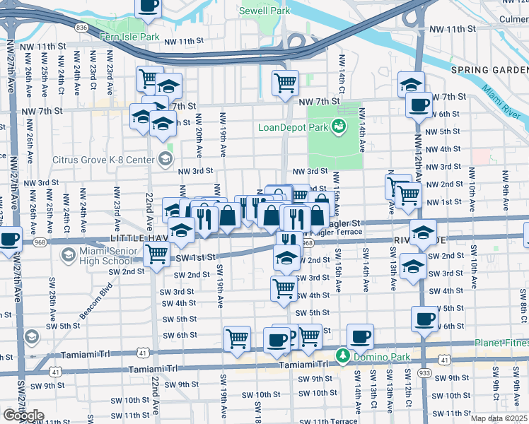 map of restaurants, bars, coffee shops, grocery stores, and more near 90 Northwest 17th Place in Miami