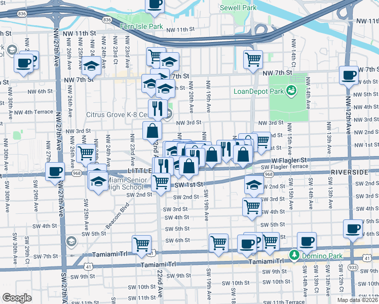 map of restaurants, bars, coffee shops, grocery stores, and more near 1935 Northwest 1st Street in Miami