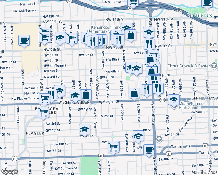 map of restaurants, bars, coffee shops, grocery stores, and more near 3098 Northwest 2nd Street in Miami