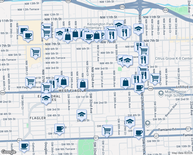 map of restaurants, bars, coffee shops, grocery stores, and more near 3170 Northwest 2nd Street in Miami