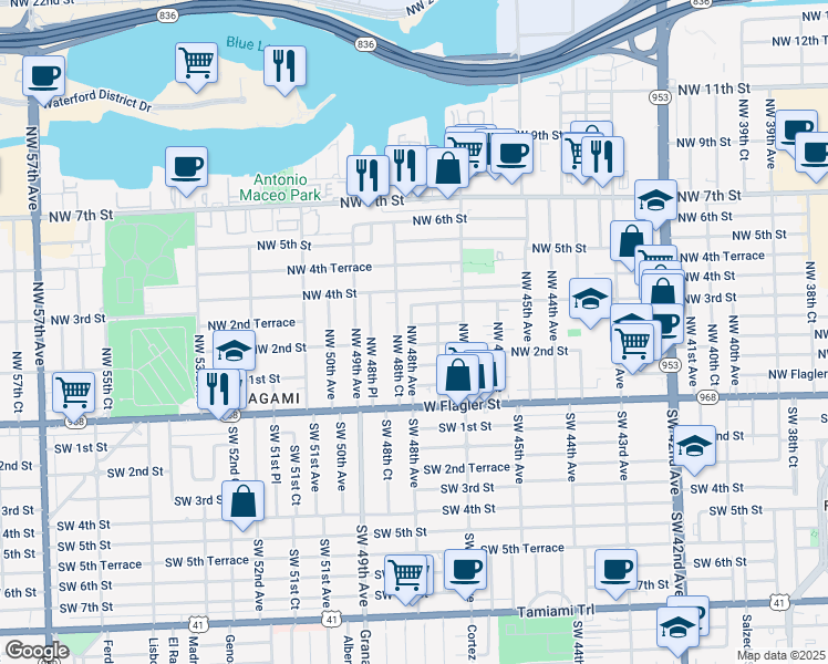map of restaurants, bars, coffee shops, grocery stores, and more near 260 Northwest 48th Avenue in Miami