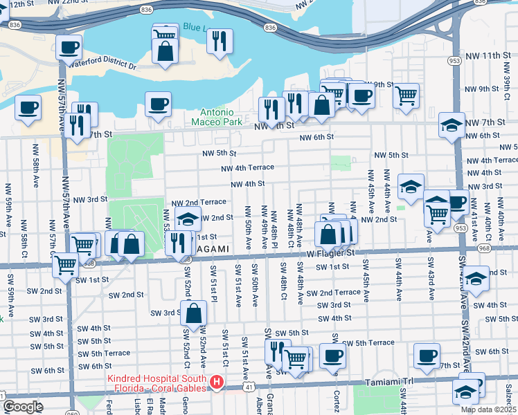 map of restaurants, bars, coffee shops, grocery stores, and more near 256 Northwest 50th Avenue in Miami