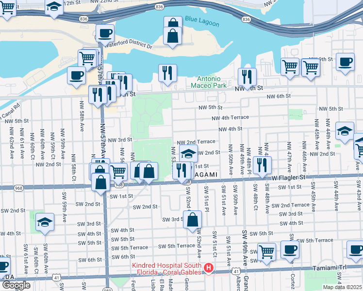 map of restaurants, bars, coffee shops, grocery stores, and more near 5271 Northwest 2nd Terrace in Miami