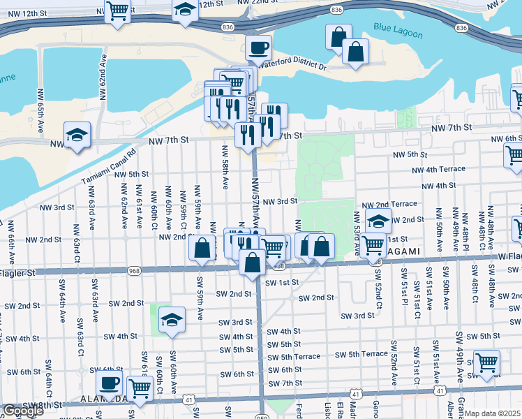 map of restaurants, bars, coffee shops, grocery stores, and more near 5651 Northwest 3rd Street in Miami