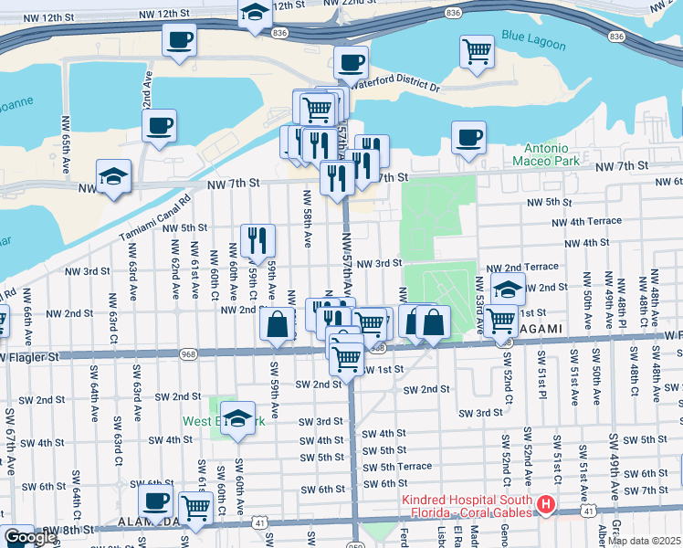 map of restaurants, bars, coffee shops, grocery stores, and more near 5725 Northwest 3rd Street in Miami
