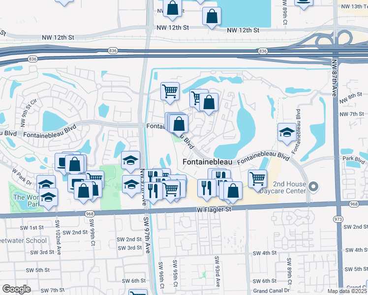 map of restaurants, bars, coffee shops, grocery stores, and more near 9616 Fontainebleau Boulevard in Miami