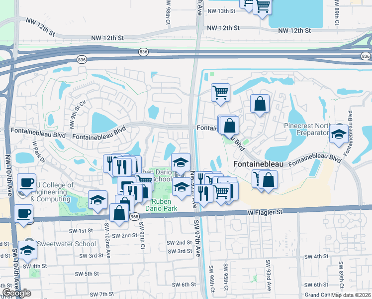 map of restaurants, bars, coffee shops, grocery stores, and more near 9705 Northwest 6th Terrace in Miami