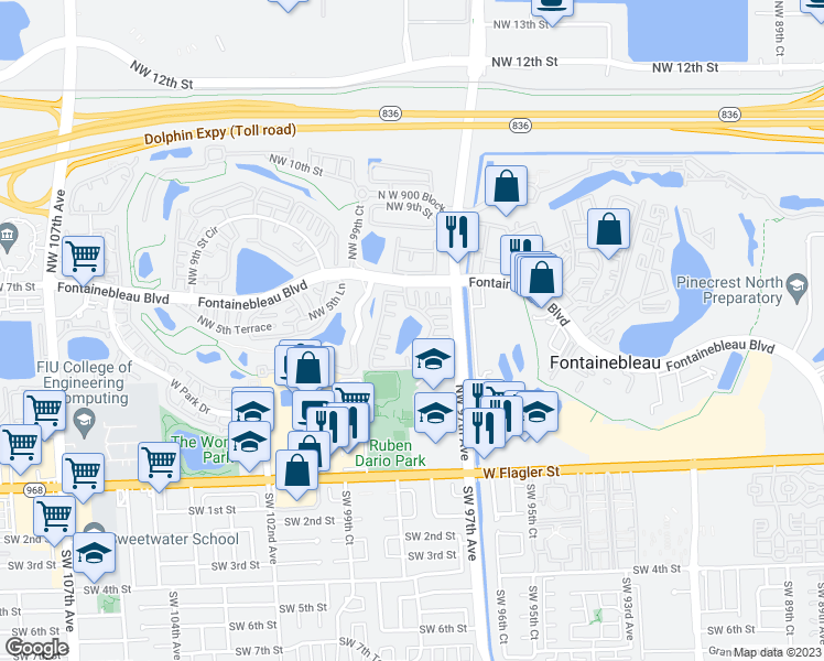 map of restaurants, bars, coffee shops, grocery stores, and more near 619 Northwest 97th Place in Miami