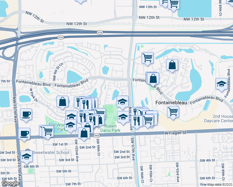 map of restaurants, bars, coffee shops, grocery stores, and more near 442 Northwest 97th Place in Miami