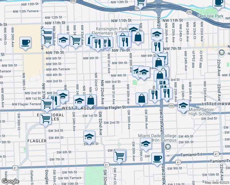 map of restaurants, bars, coffee shops, grocery stores, and more near 3098 Northwest 2nd Street in Miami