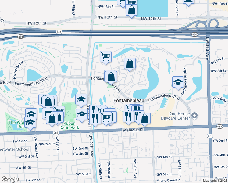 map of restaurants, bars, coffee shops, grocery stores, and more near 9616 Fontainebleau Boulevard in Miami