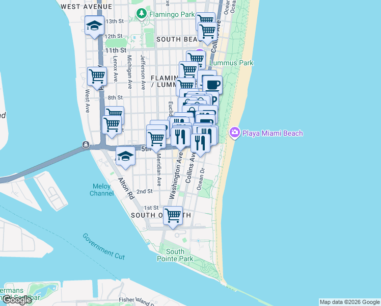 map of restaurants, bars, coffee shops, grocery stores, and more near 428 Collins Avenue in Miami Beach