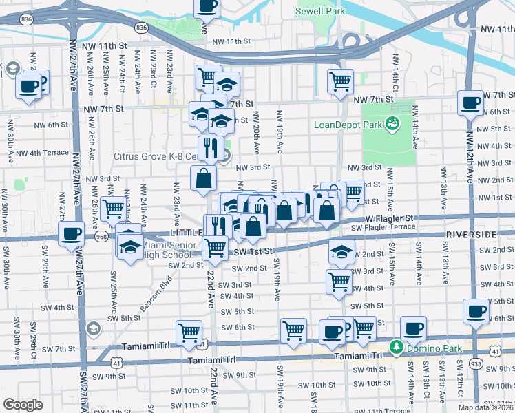 map of restaurants, bars, coffee shops, grocery stores, and more near 1935 Northwest 1st Street in Miami