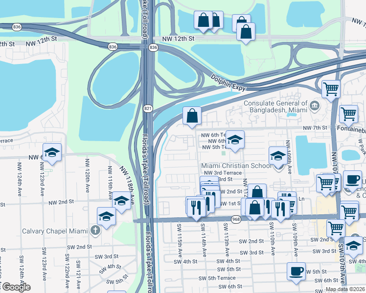 map of restaurants, bars, coffee shops, grocery stores, and more near 530 Northwest 114th Avenue in Miami