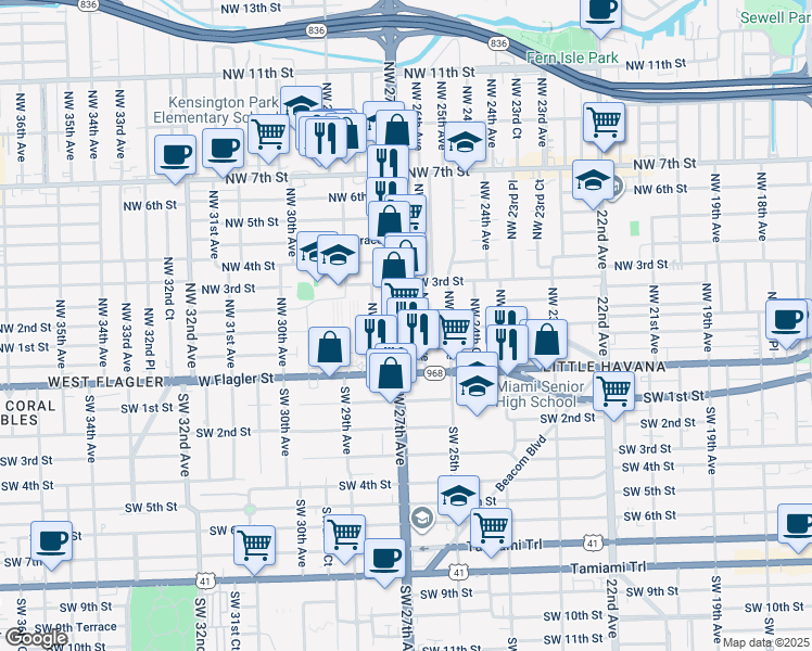 map of restaurants, bars, coffee shops, grocery stores, and more near 146 Northwest 27th Avenue in Miami