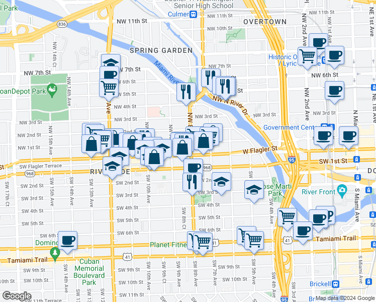 map of restaurants, bars, coffee shops, grocery stores, and more near 805 West Flagler Street in Miami