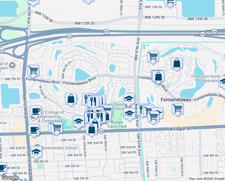 map of restaurants, bars, coffee shops, grocery stores, and more near 560 Northwest 98th Court in Miami