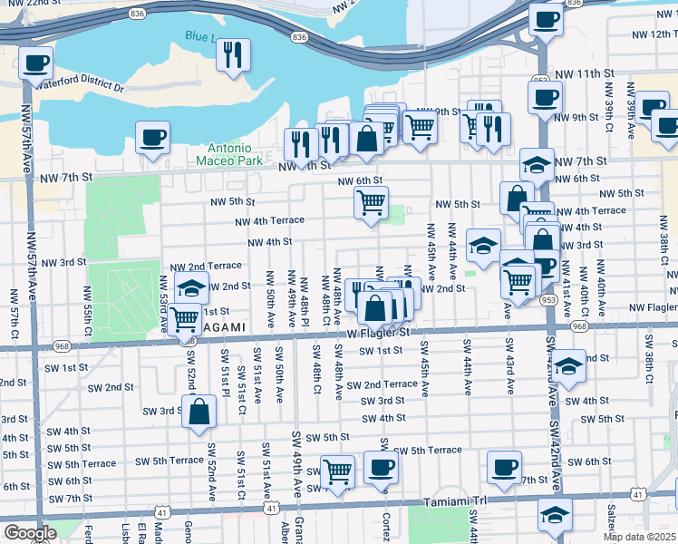 map of restaurants, bars, coffee shops, grocery stores, and more near 260 Northwest 48th Avenue in Miami