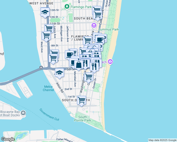 map of restaurants, bars, coffee shops, grocery stores, and more near 501 5th Street in Miami Beach