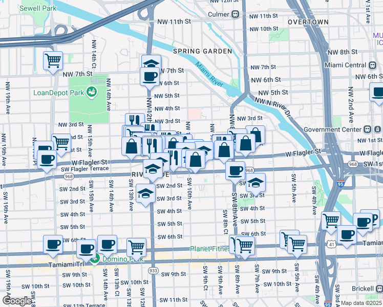 map of restaurants, bars, coffee shops, grocery stores, and more near 65 Northwest 10th Avenue in Miami