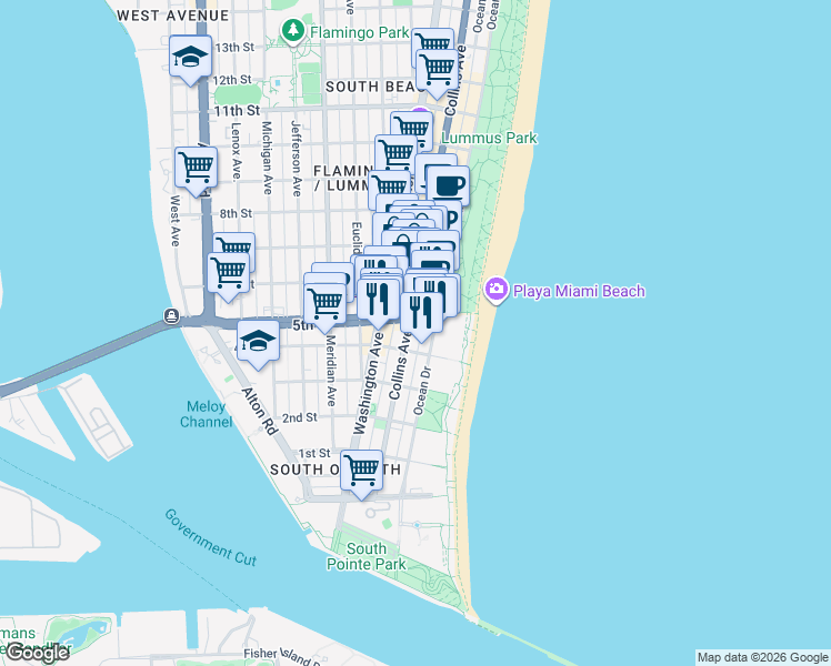 map of restaurants, bars, coffee shops, grocery stores, and more near 501 5th Street in Miami Beach