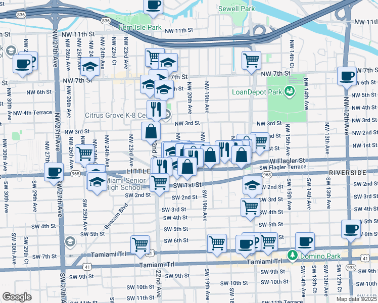map of restaurants, bars, coffee shops, grocery stores, and more near 1935 Northwest 1st Street in Miami