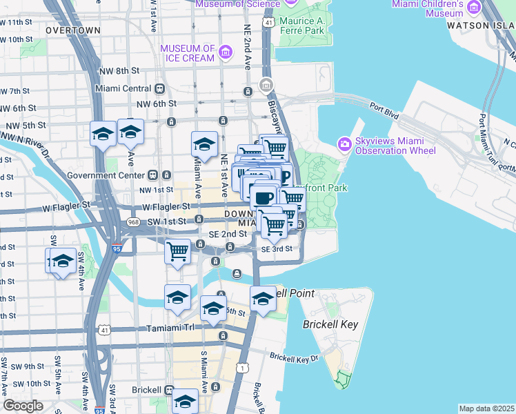 map of restaurants, bars, coffee shops, grocery stores, and more near 100 Northeast 2nd Avenue in Miami