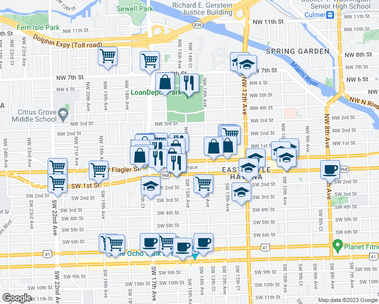 map of restaurants, bars, coffee shops, grocery stores, and more near 1511 Northwest 1st Street in Miami