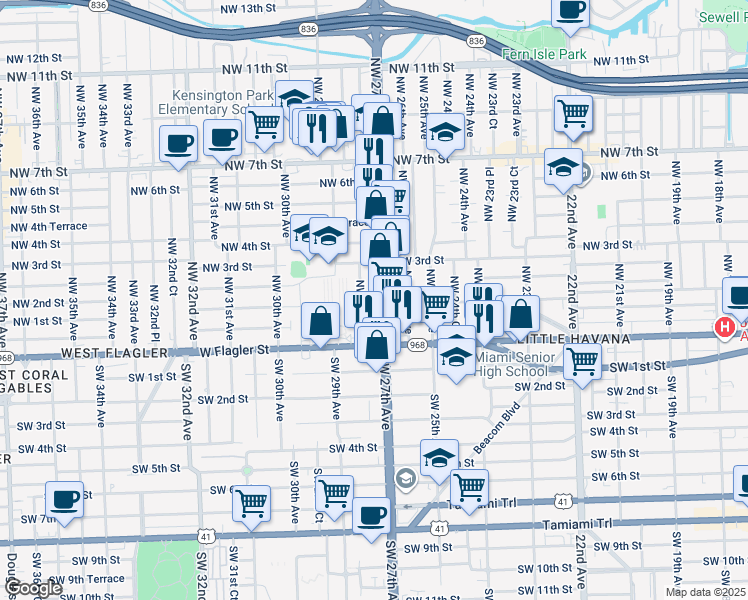 map of restaurants, bars, coffee shops, grocery stores, and more near 146 Northwest 27th Avenue in Miami