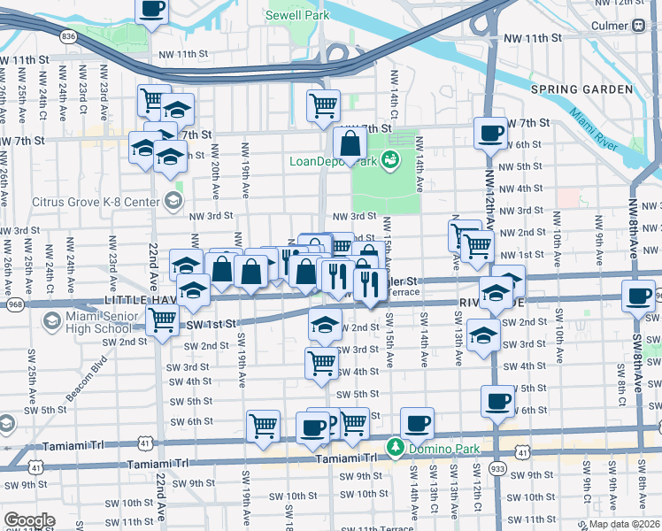 map of restaurants, bars, coffee shops, grocery stores, and more near 1700 Northwest 1st Street in Miami