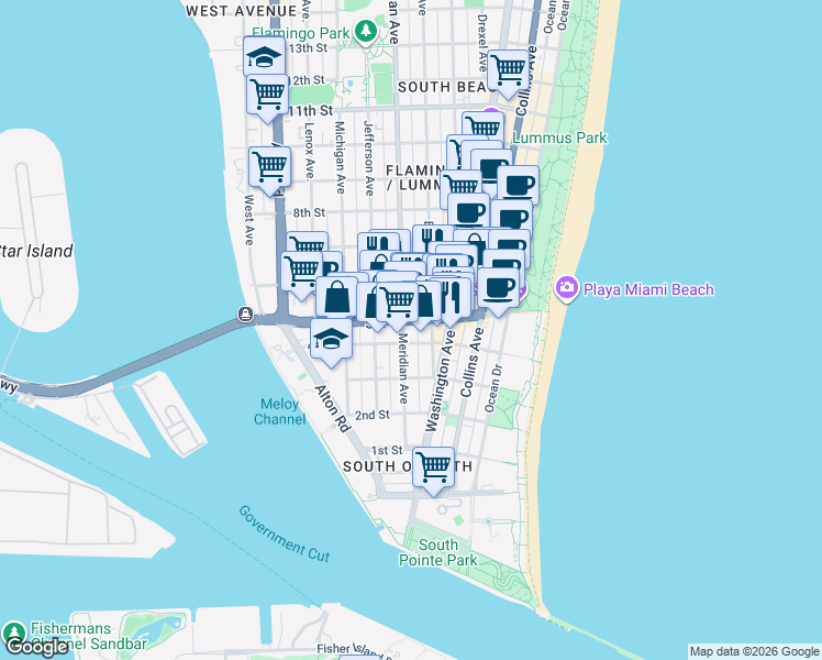 map of restaurants, bars, coffee shops, grocery stores, and more near 421 Meridian Avenue in Miami Beach
