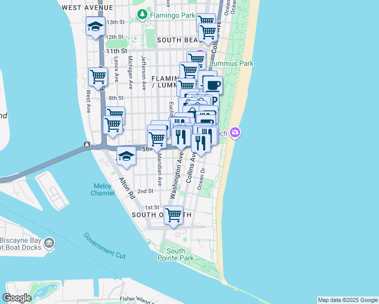 map of restaurants, bars, coffee shops, grocery stores, and more near 428 Collins Avenue in Miami Beach