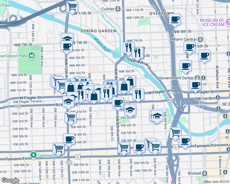 map of restaurants, bars, coffee shops, grocery stores, and more near 809 West Flagler Street in Miami