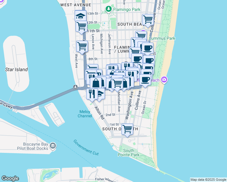 map of restaurants, bars, coffee shops, grocery stores, and more near 501 Jefferson Avenue in Miami Beach