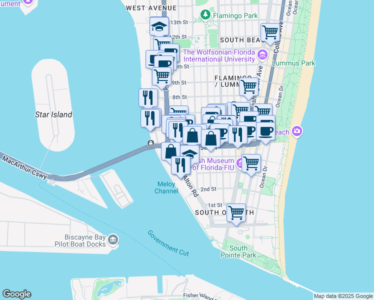 map of restaurants, bars, coffee shops, grocery stores, and more near 1029 5th Street in Miami Beach