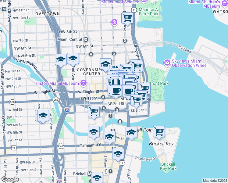 map of restaurants, bars, coffee shops, grocery stores, and more near 119 East Flagler Street in Miami