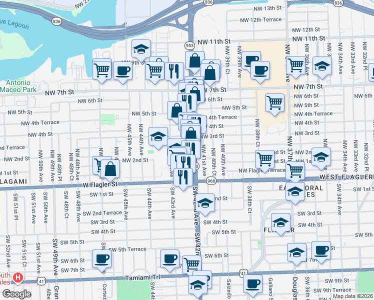map of restaurants, bars, coffee shops, grocery stores, and more near 4255 Northwest 2nd Terrace in Miami