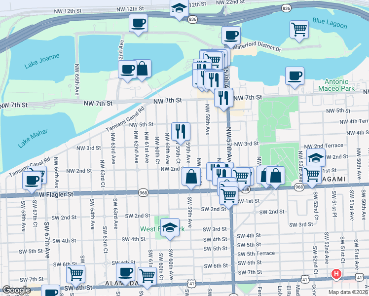 map of restaurants, bars, coffee shops, grocery stores, and more near 5901 Northwest 3rd Street in Miami