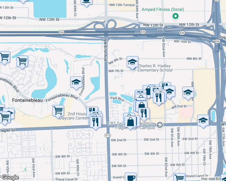 map of restaurants, bars, coffee shops, grocery stores, and more near 390 Northwest 86th Court in Miami