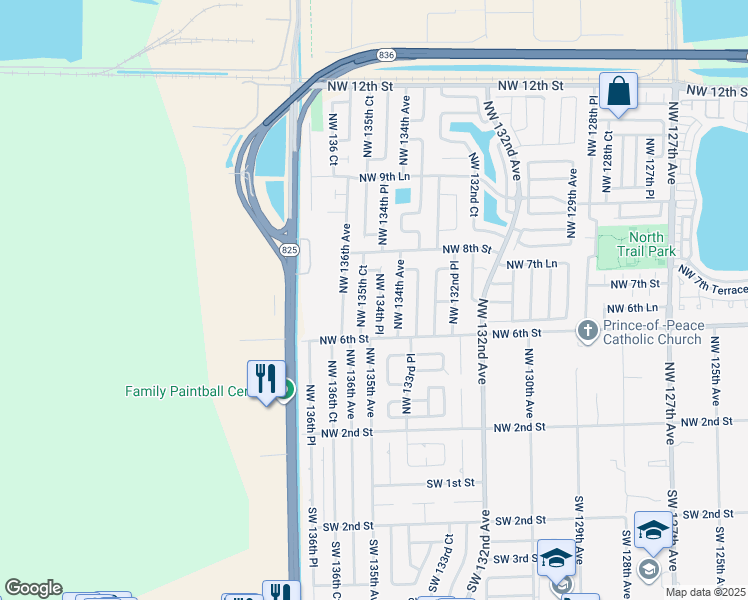 map of restaurants, bars, coffee shops, grocery stores, and more near 732 Northwest 134th Place in Miami