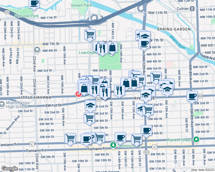 map of restaurants, bars, coffee shops, grocery stores, and more near 1511 Northwest 1st Street in Miami
