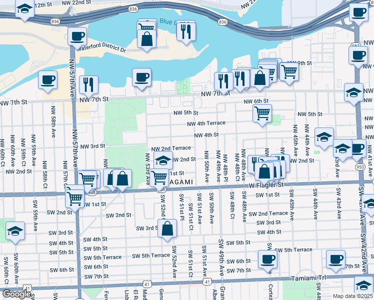 map of restaurants, bars, coffee shops, grocery stores, and more near 5111 Northwest 2nd Terrace in Miami