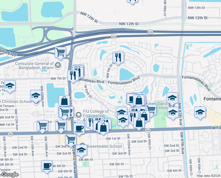 map of restaurants, bars, coffee shops, grocery stores, and more near 10370 Northwest 5th Terrace in Miami