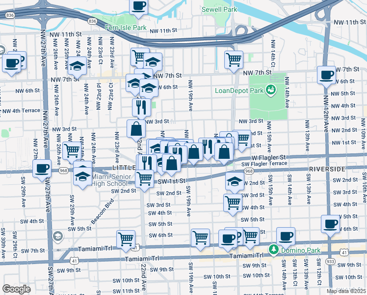 map of restaurants, bars, coffee shops, grocery stores, and more near 1935 Northwest 1st Street in Miami