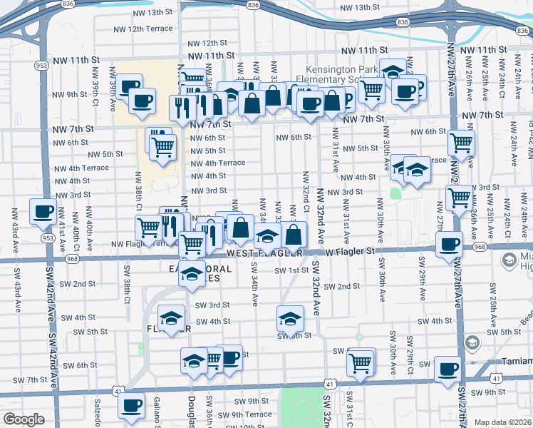 map of restaurants, bars, coffee shops, grocery stores, and more near 212 Northwest 33rd Avenue in Miami
