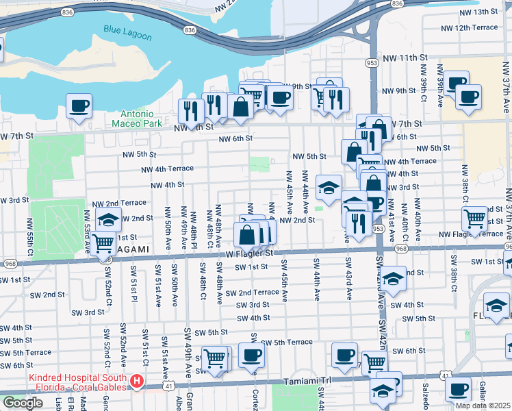 map of restaurants, bars, coffee shops, grocery stores, and more near 4653 Northwest 2nd Terrace in Miami