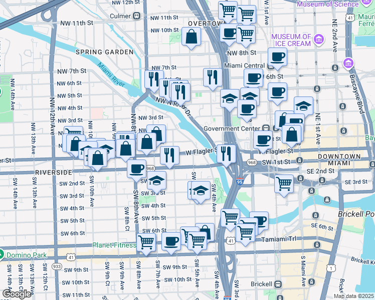 map of restaurants, bars, coffee shops, grocery stores, and more near 530 Northwest 1st Street in Miami