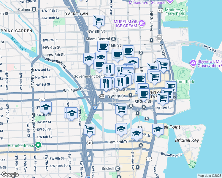 map of restaurants, bars, coffee shops, grocery stores, and more near in Miami