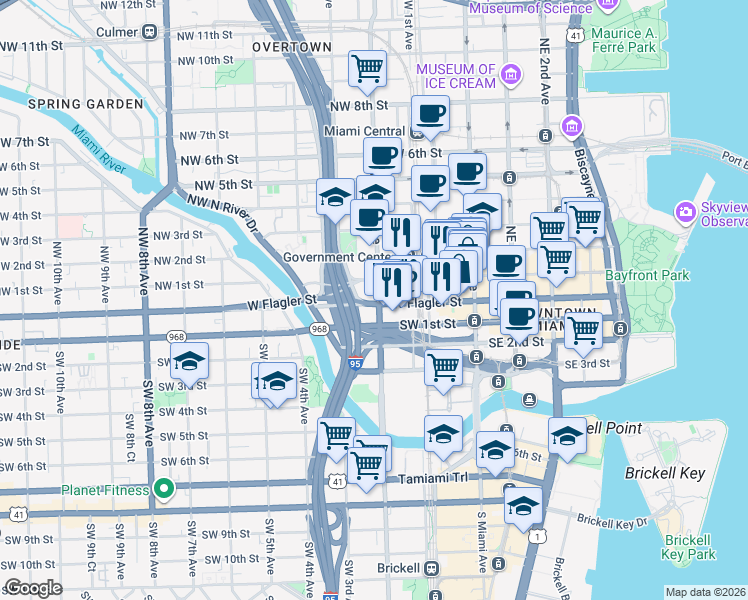 map of restaurants, bars, coffee shops, grocery stores, and more near 41 Northwest 2nd Avenue in Miami
